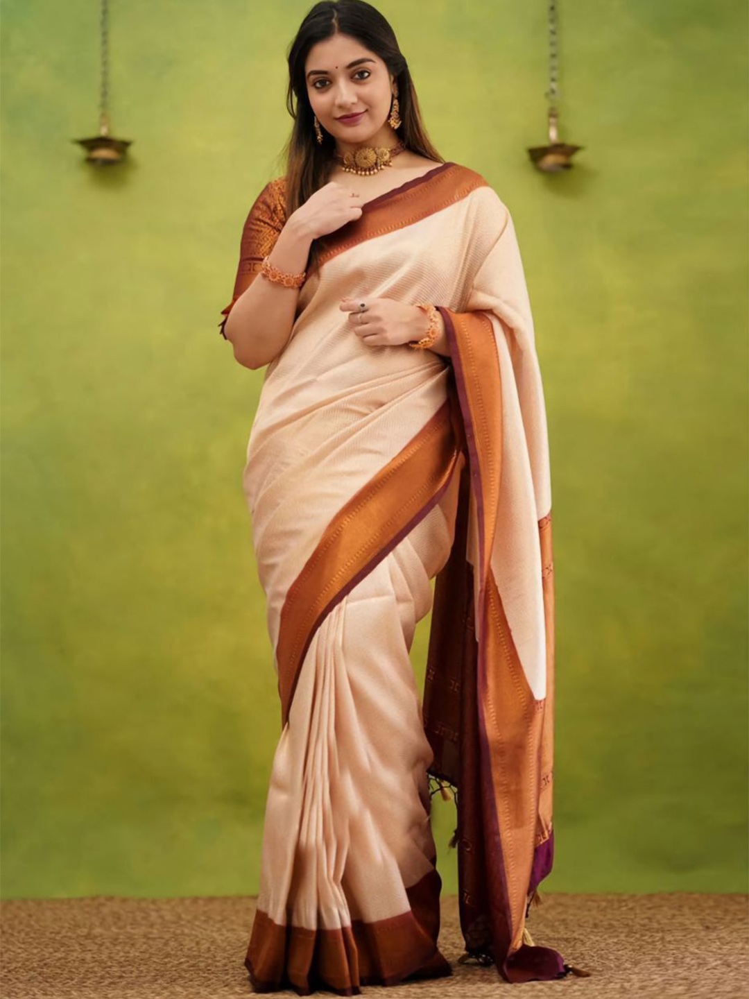 

KALINI Woven Design Zari Pure Silk Banarasi Saree, Cream