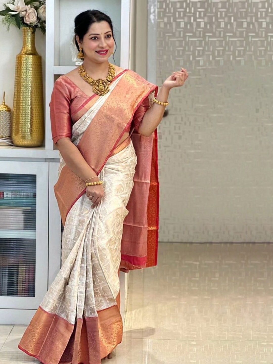 

KALINI Woven Design Zari Pure Silk Banarasi Saree, Cream