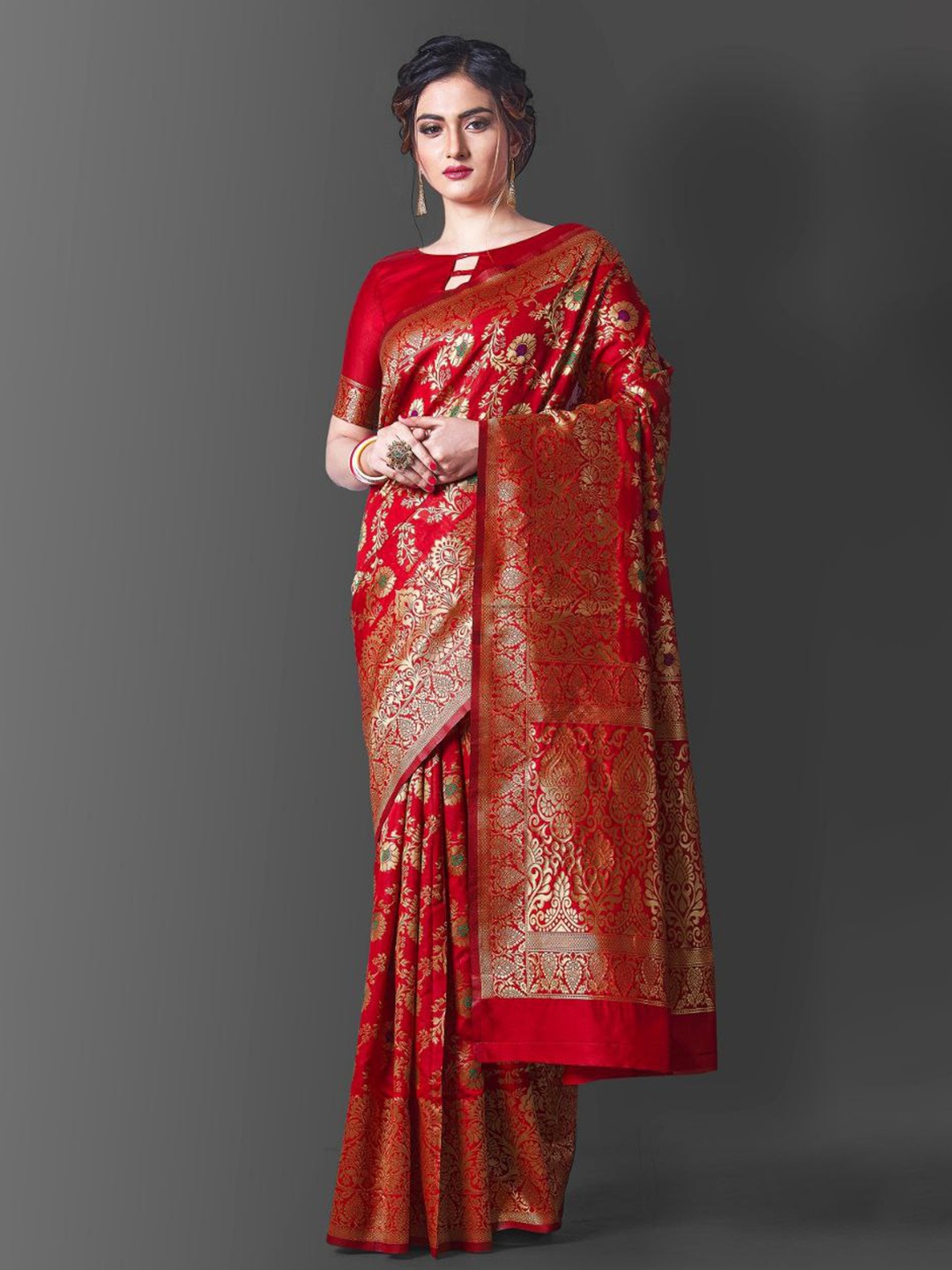 

KALINI Woven Design Zari Pure Silk Banarasi Saree, Red