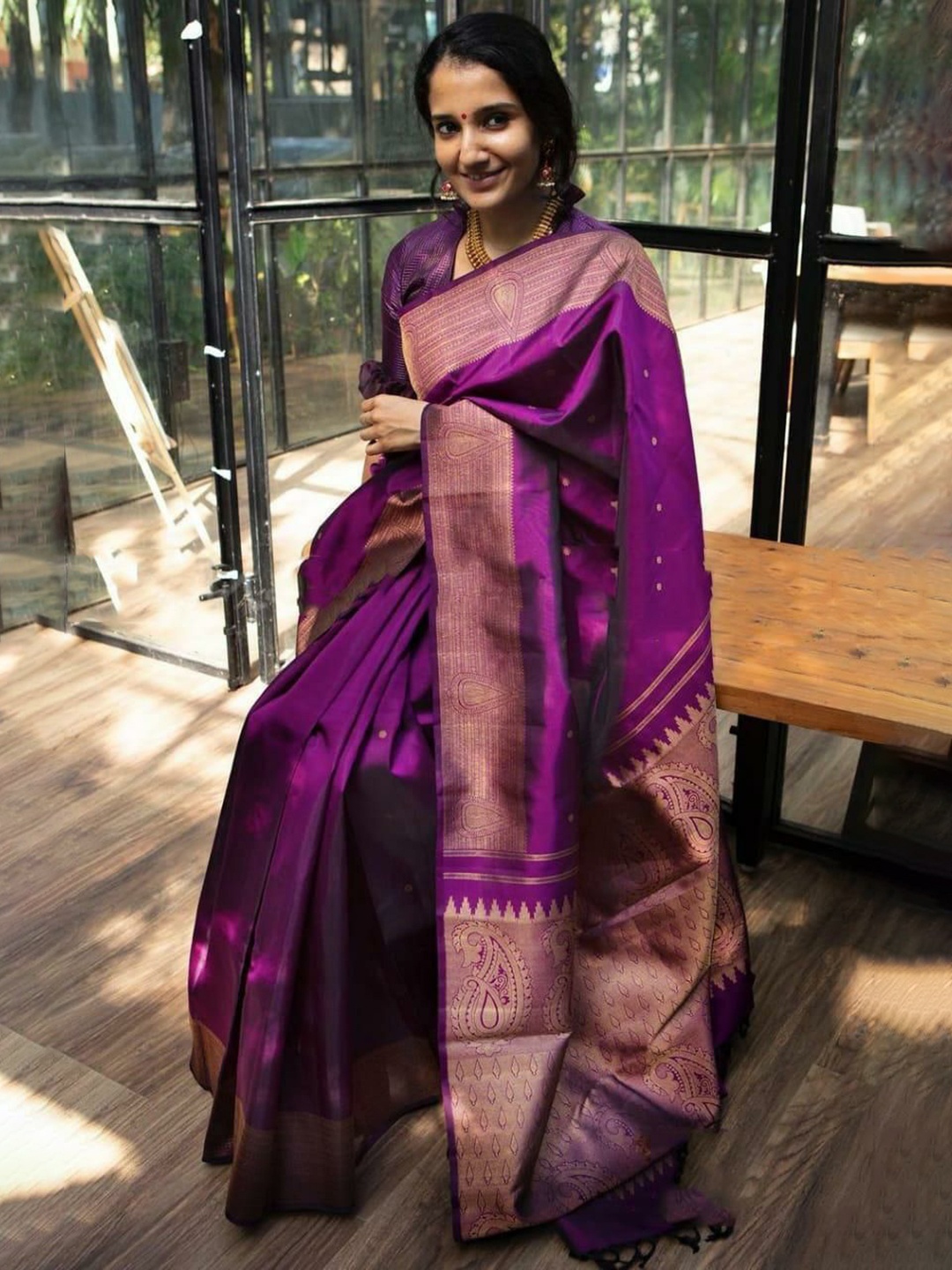 

KALINI Woven Design Zari Pure Silk Banarasi Saree, Purple