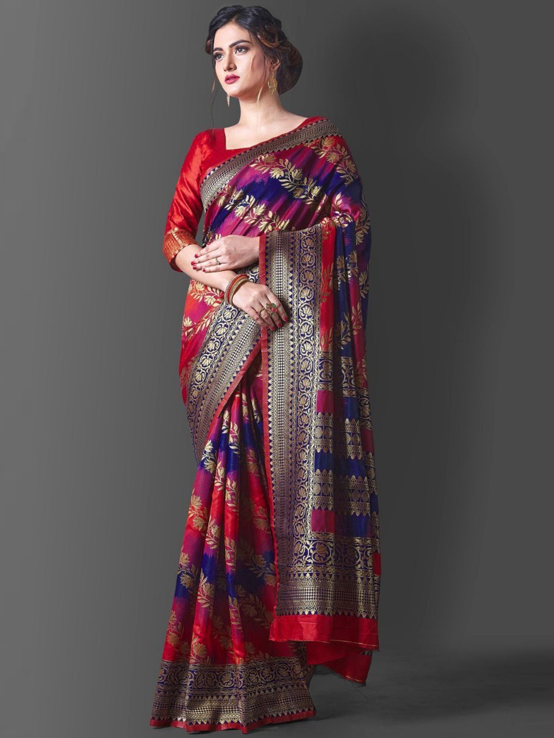 

KALINI Ethnic Motifs Zari Pure Silk Banarasi Saree, Red