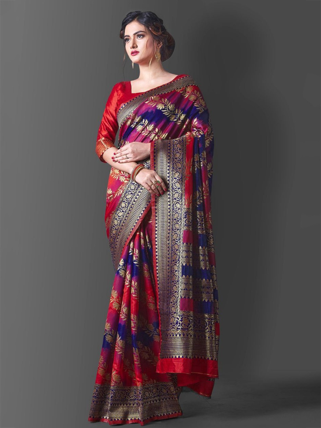 

KALINI Ethnic Motifs Zari Pure Silk Banarasi Saree, Red