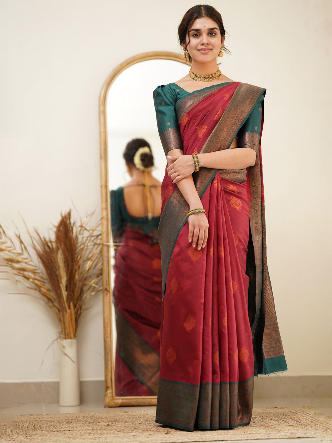 

KALINI Woven Design Zari Pure Silk Banarasi Saree, Red