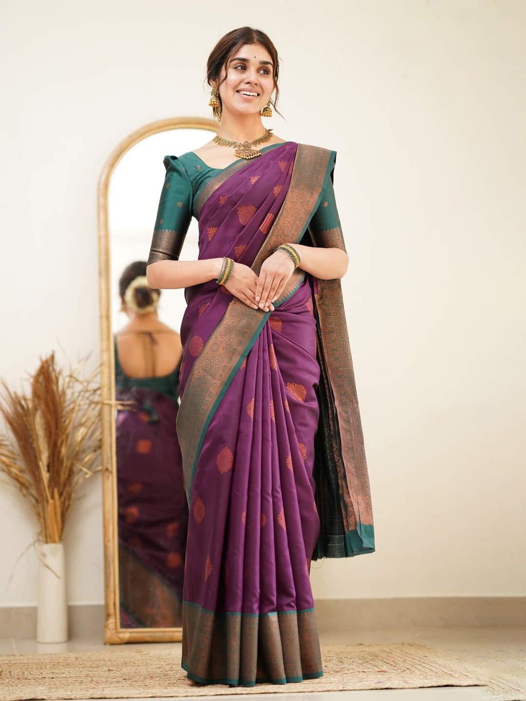 

KALINI Ethnic Motifs Zari Pure Silk Banarasi Saree, Purple