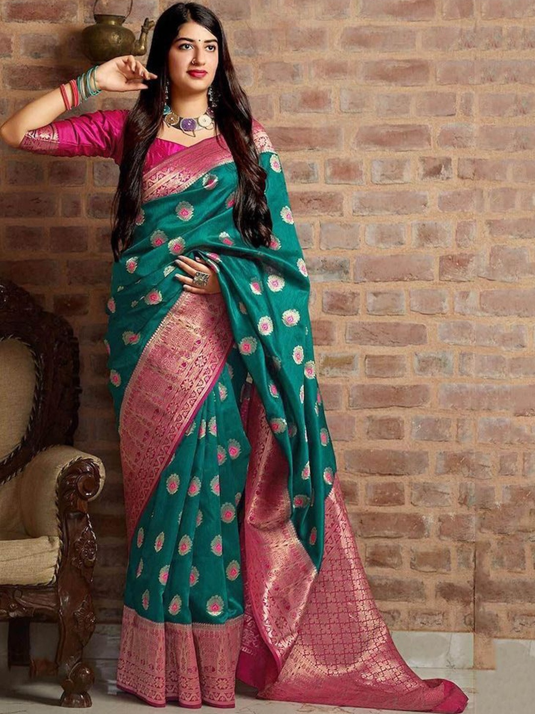 

KALINI Ethnic Motifs Zari Pure Silk Banarasi Saree, Teal