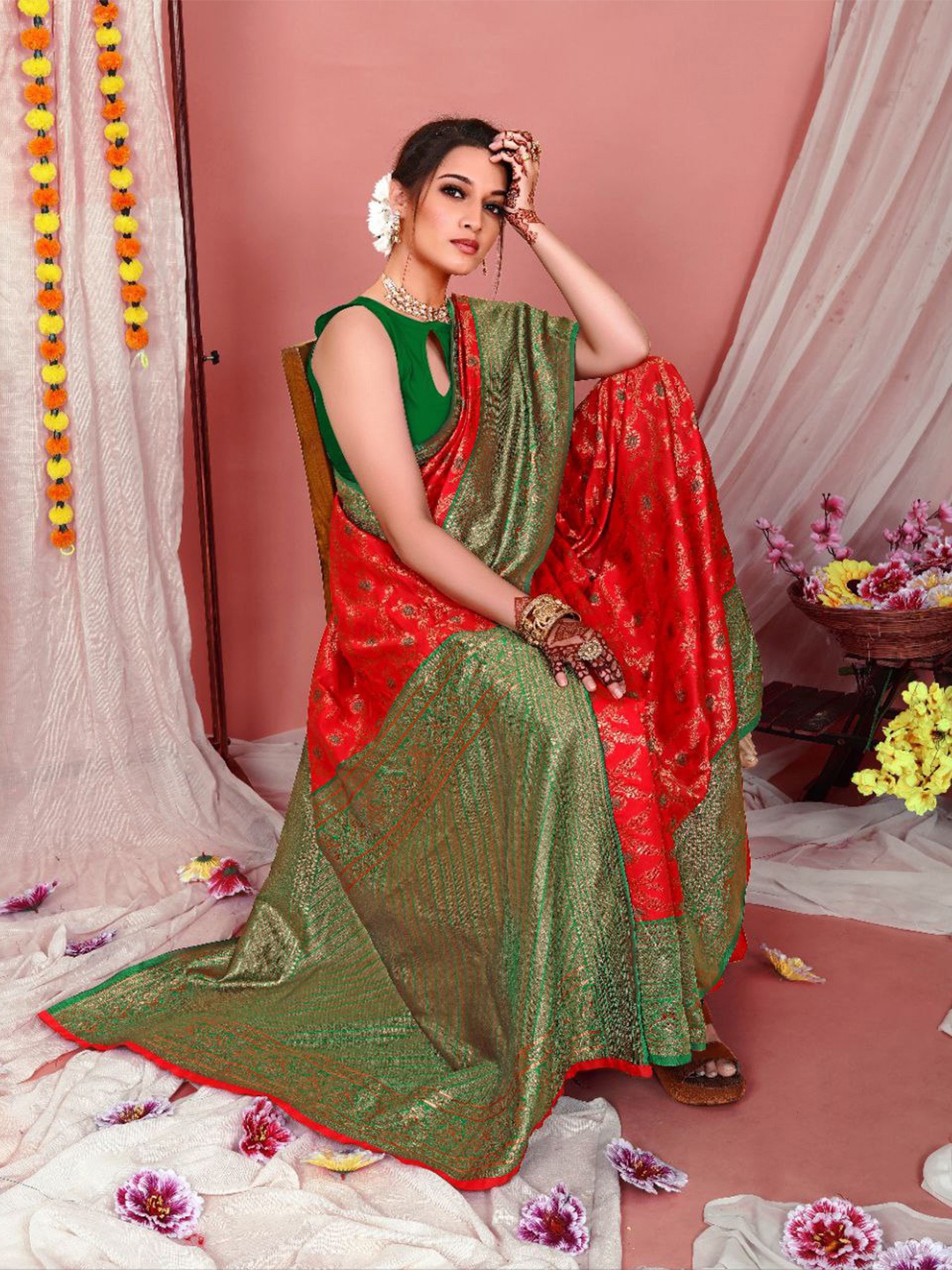 

KALINI Woven Design Zari Pure Silk Kanjeevaram Saree, Red