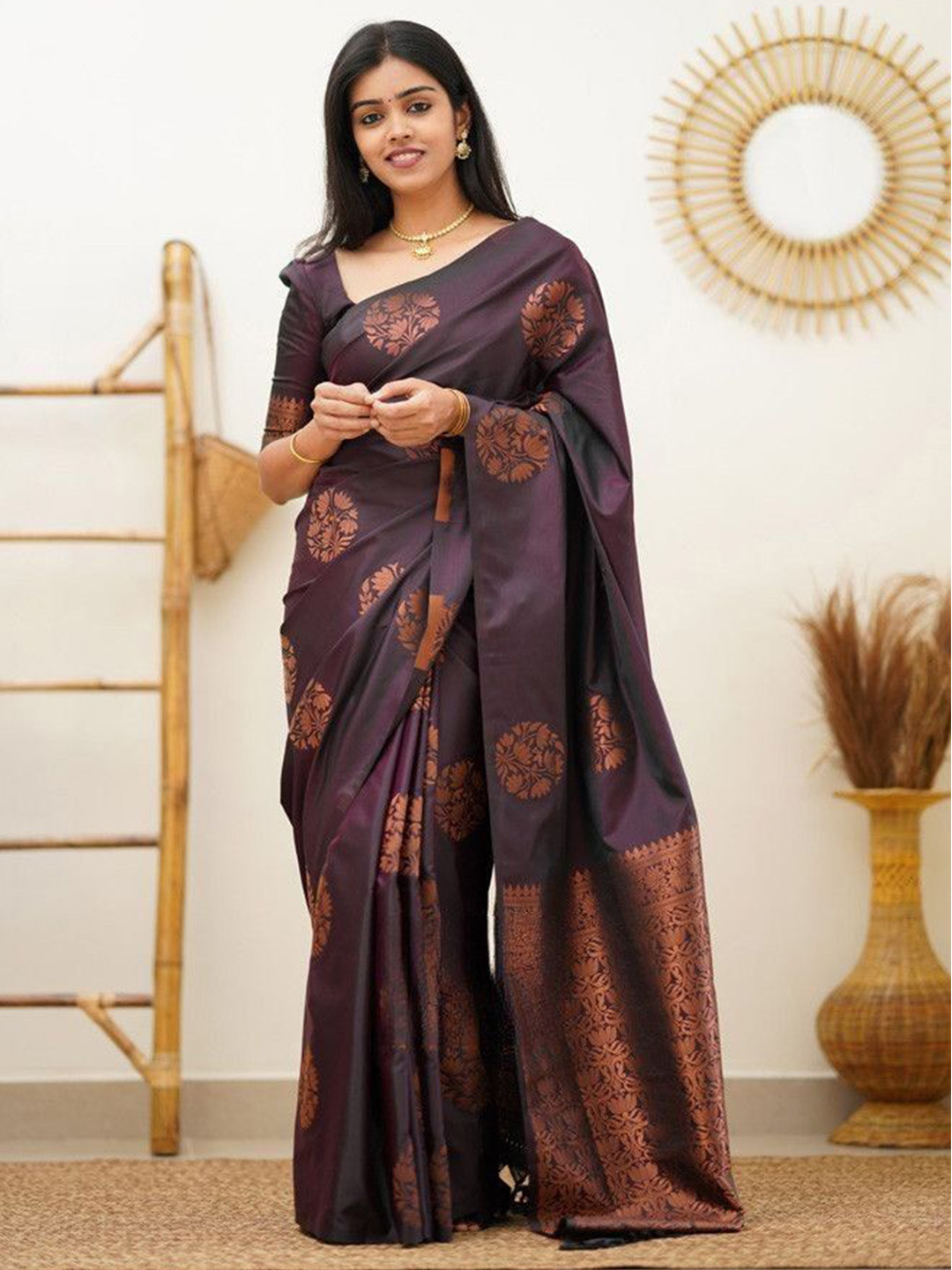 

KALINI Ethnic Motifs Zari Pure Silk Banarasi Saree, Purple