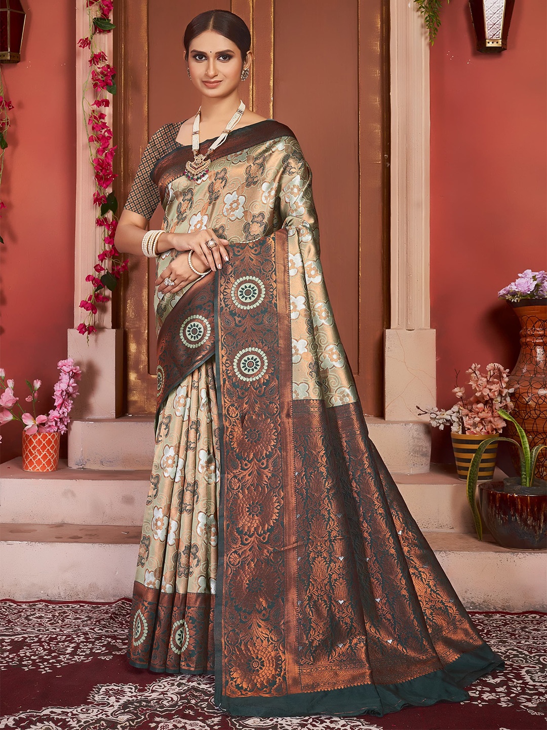 

KALINI Ethnic Motifs Zari Pure Silk Banarasi Saree, Sea green