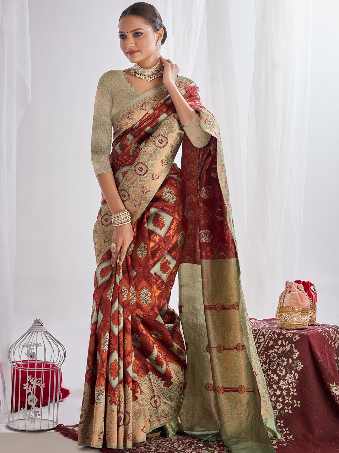 

KALINI Ethnic Motifs Zari Pure Silk Banarasi Saree, Brown