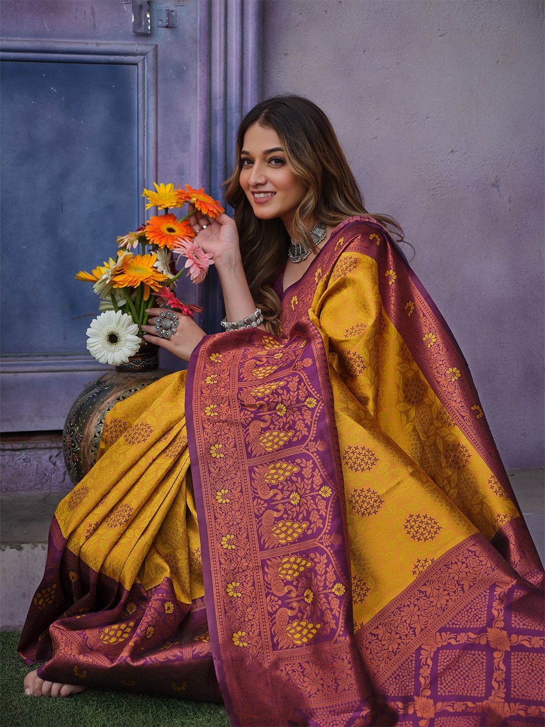 

KALINI Woven Design Zari Pure Silk Saree, Mustard