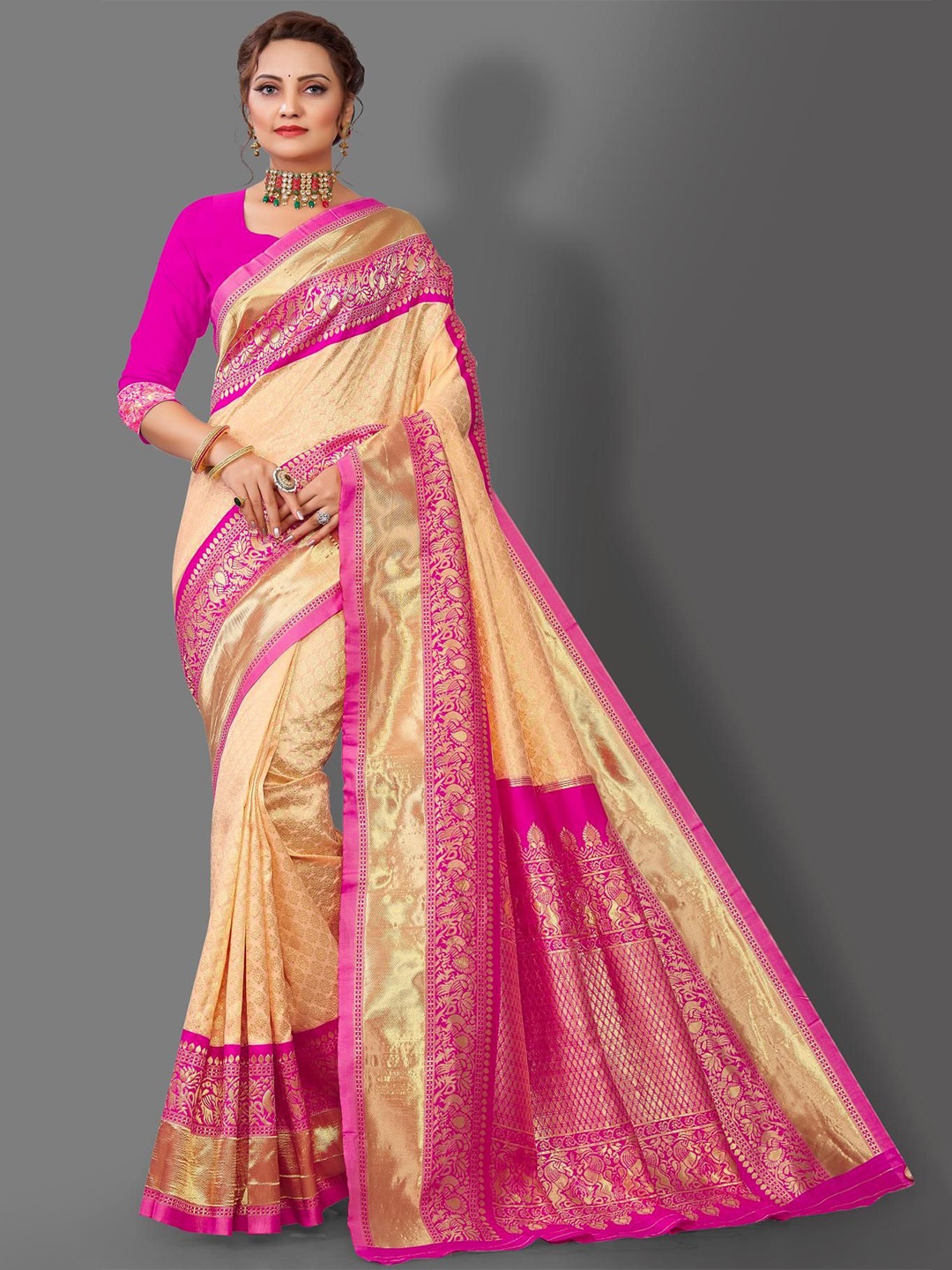 

KALINI Woven Design Zari Pure Silk Banarasi Saree, Peach