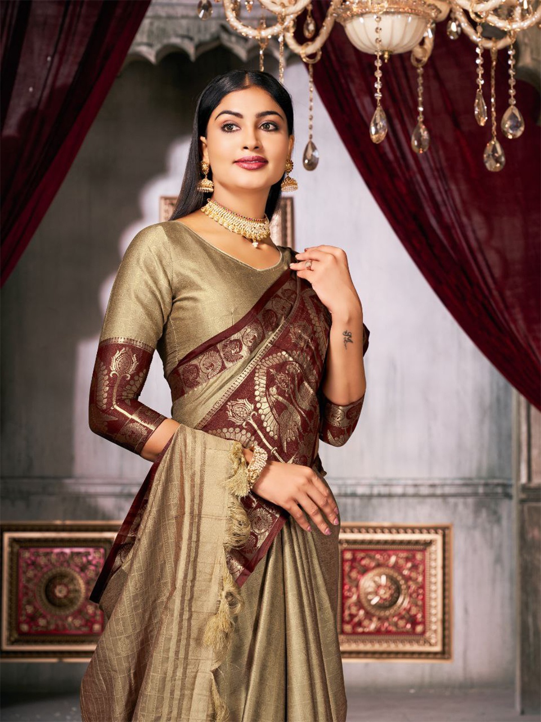 

KALINI Woven Design Zari Pure Silk Saree, Cream