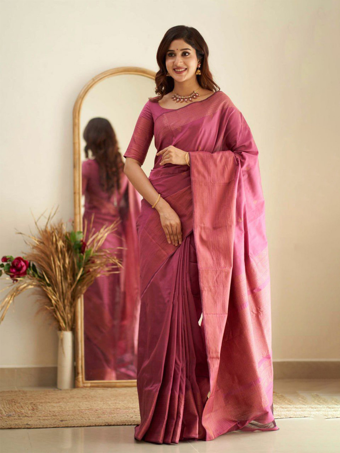 

KALINI Woven Design Zari Pure Silk Banarasi Saree, Pink