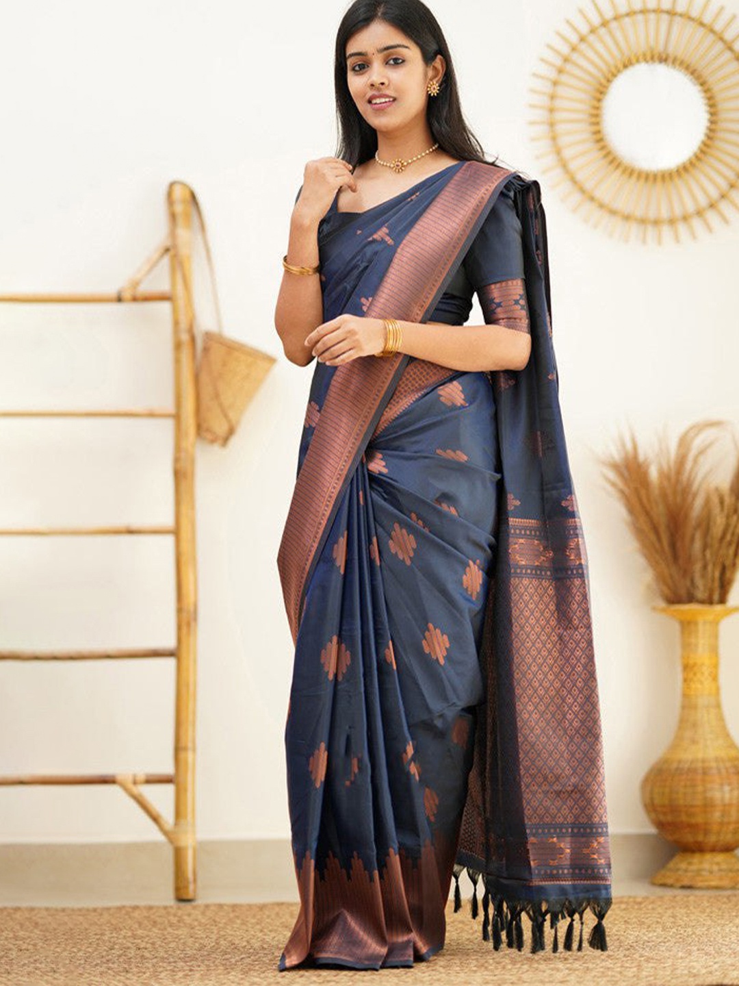 

KALINI Ethnic Motifs Zari Pure Silk Banarasi Saree, Blue