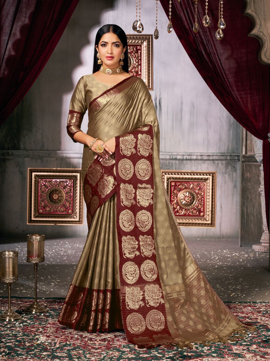 

KALINI Woven Design Zari Pure Silk Banarasi Saree, Cream