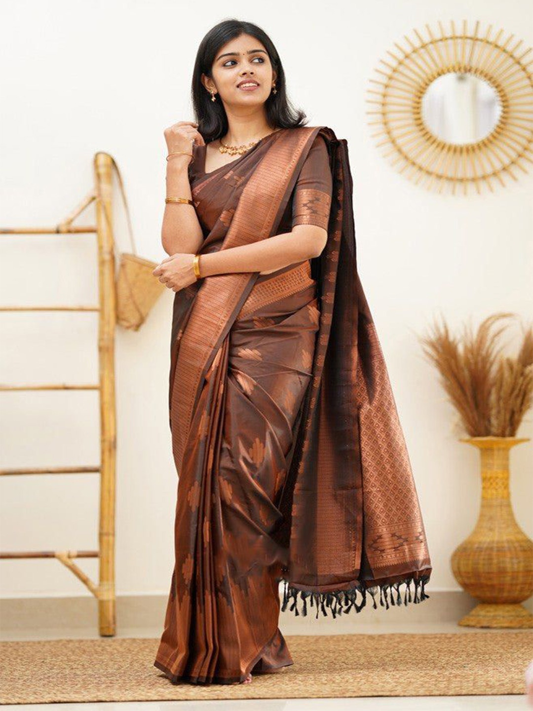 

KALINI Woven Design Zari Pure Silk Banarasi Saree, Brown