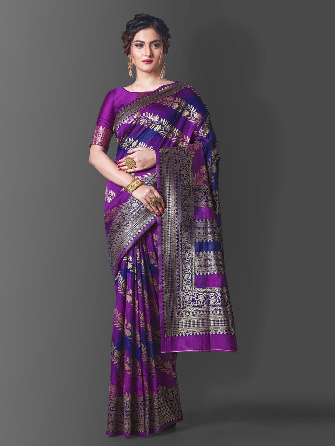 

KALINI Ethnic Motifs Zari Pure Silk Banarasi Saree, Purple