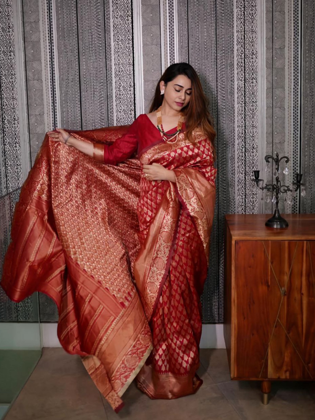 

KALINI Woven Design Zari Pure Silk Saree, Red