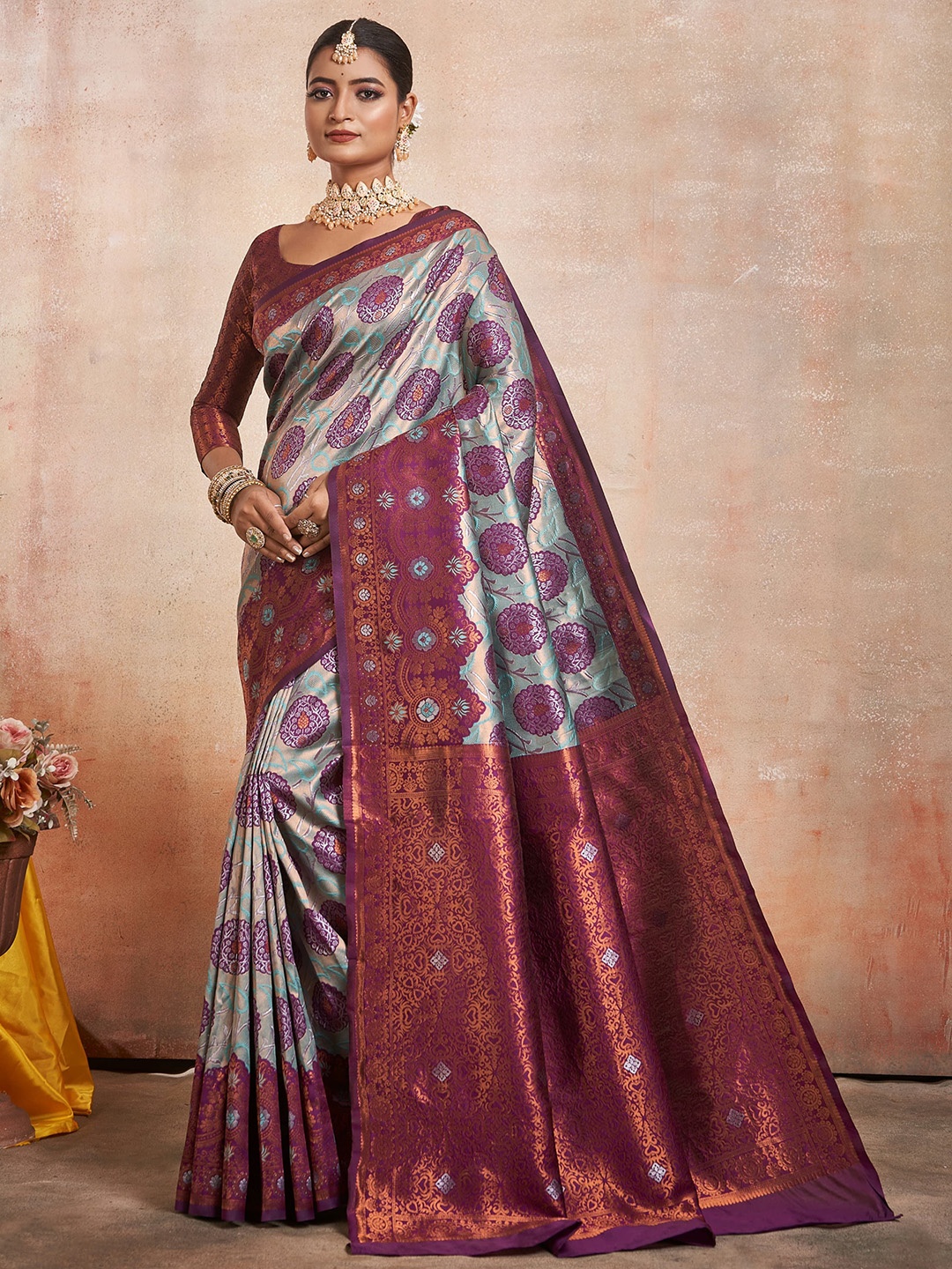 

KALINI Woven Design Zari Pure Silk Banarasi Saree, Purple