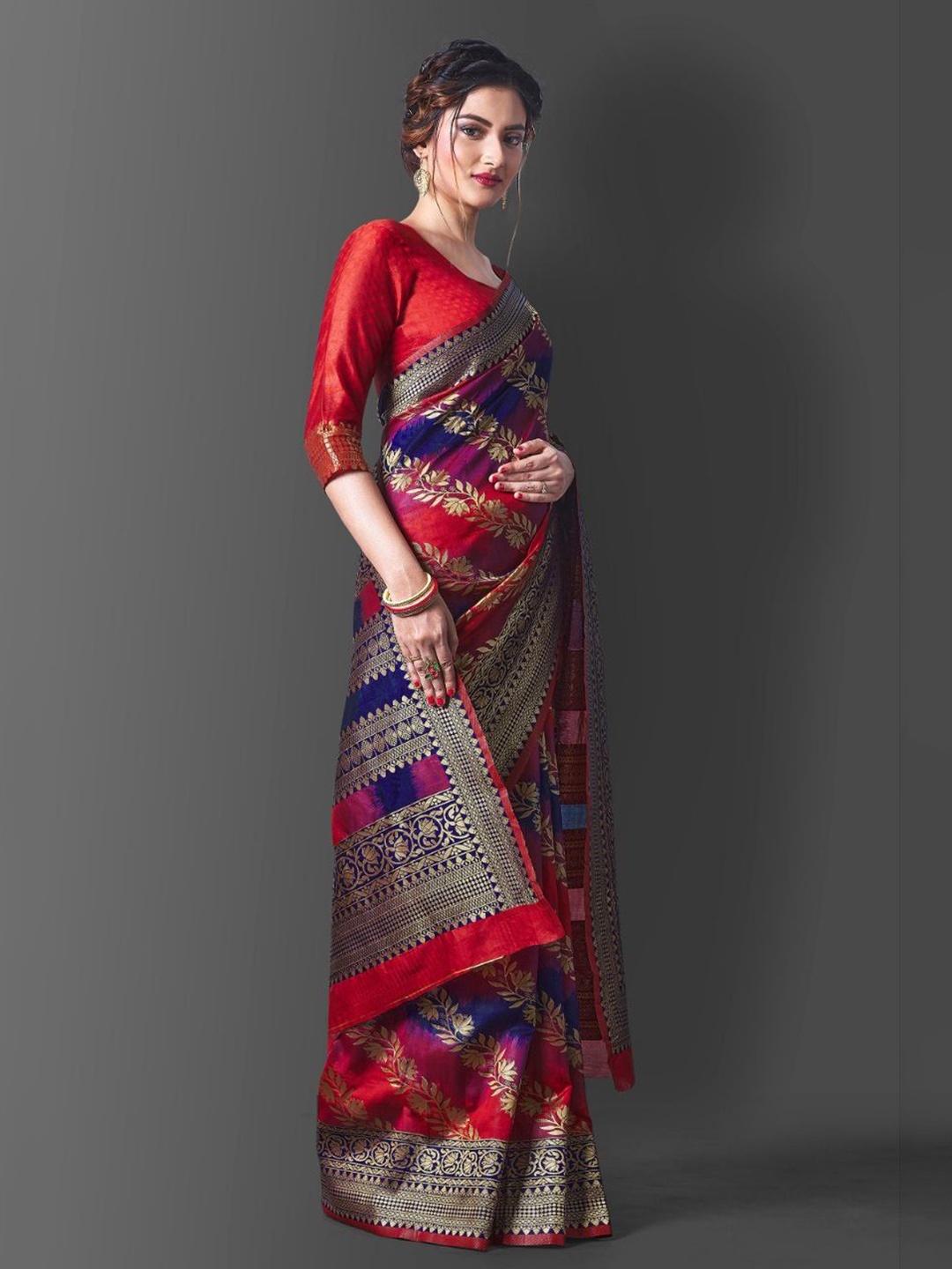 

KALINI Ethnic Motifs Woven Design Zari Pure Silk Banarasi Saree, Red