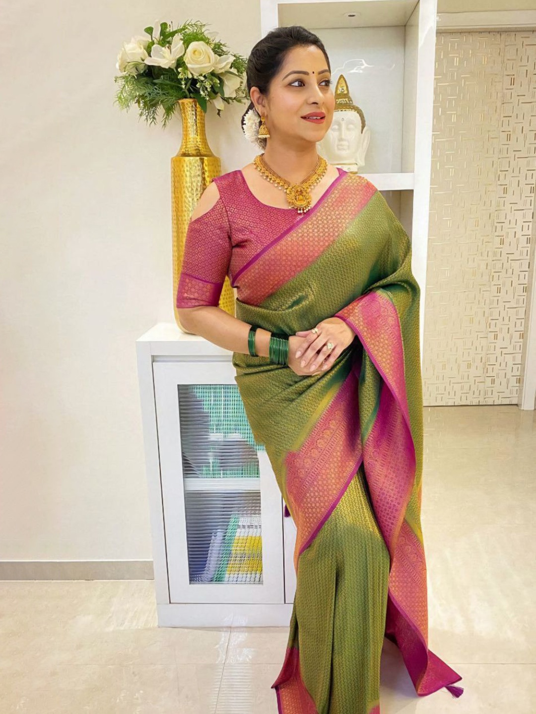 

KALINI Woven Design Zari Pure Silk Banarasi Saree, Olive