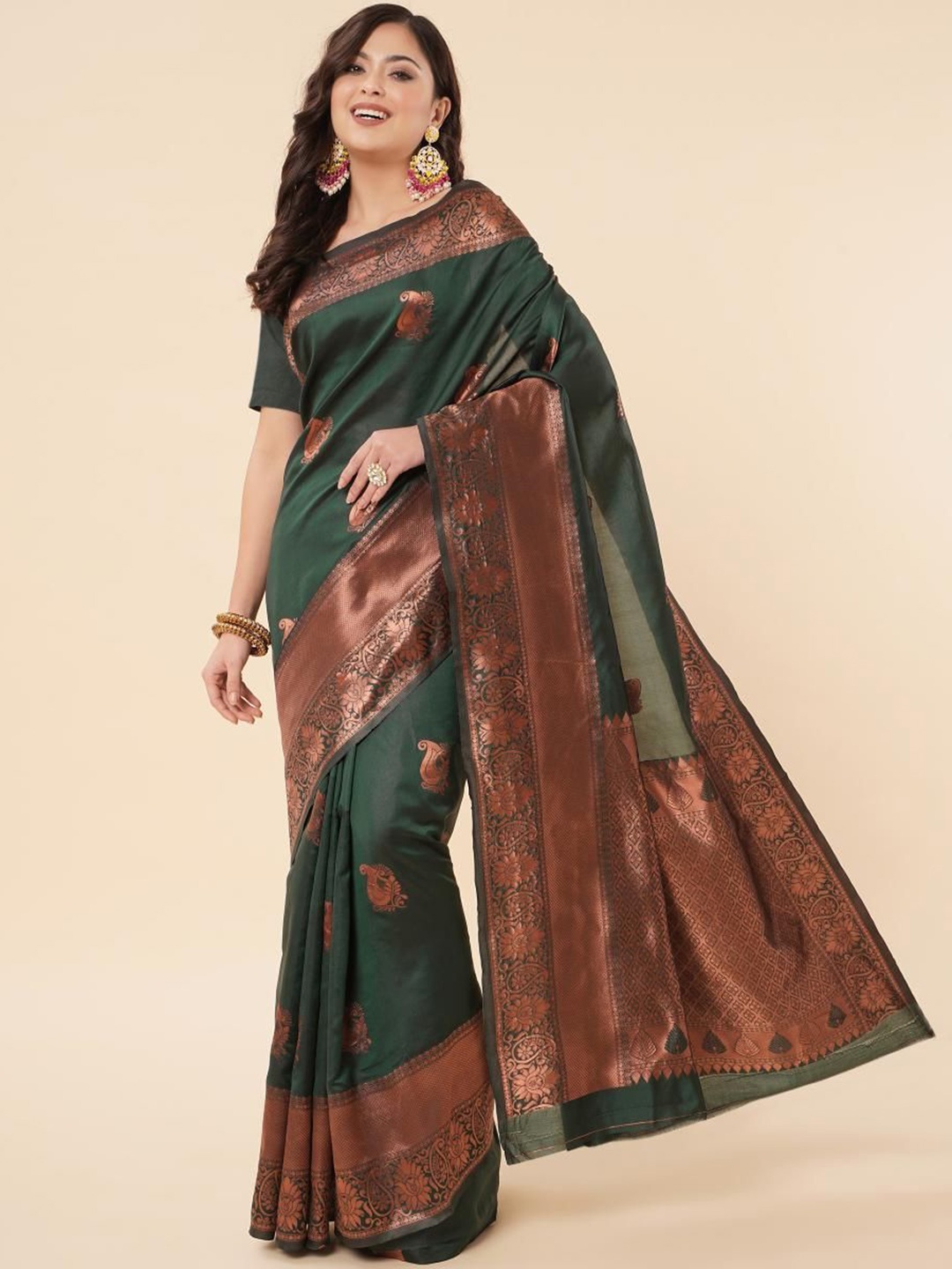 

KALINI Ethnic Motifs Zari Pure Silk Banarasi Saree, Green