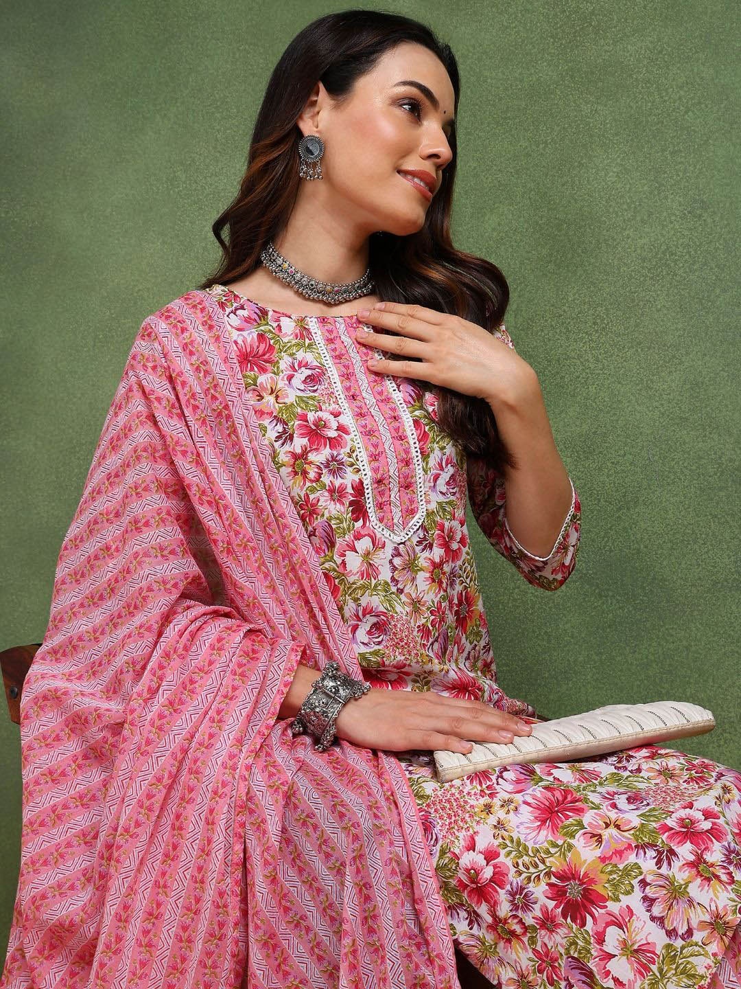 

AHIKA Pink Floral Printed Round Neck Mirror Work Pure Cotton Kurta with Trousers & Dupatta