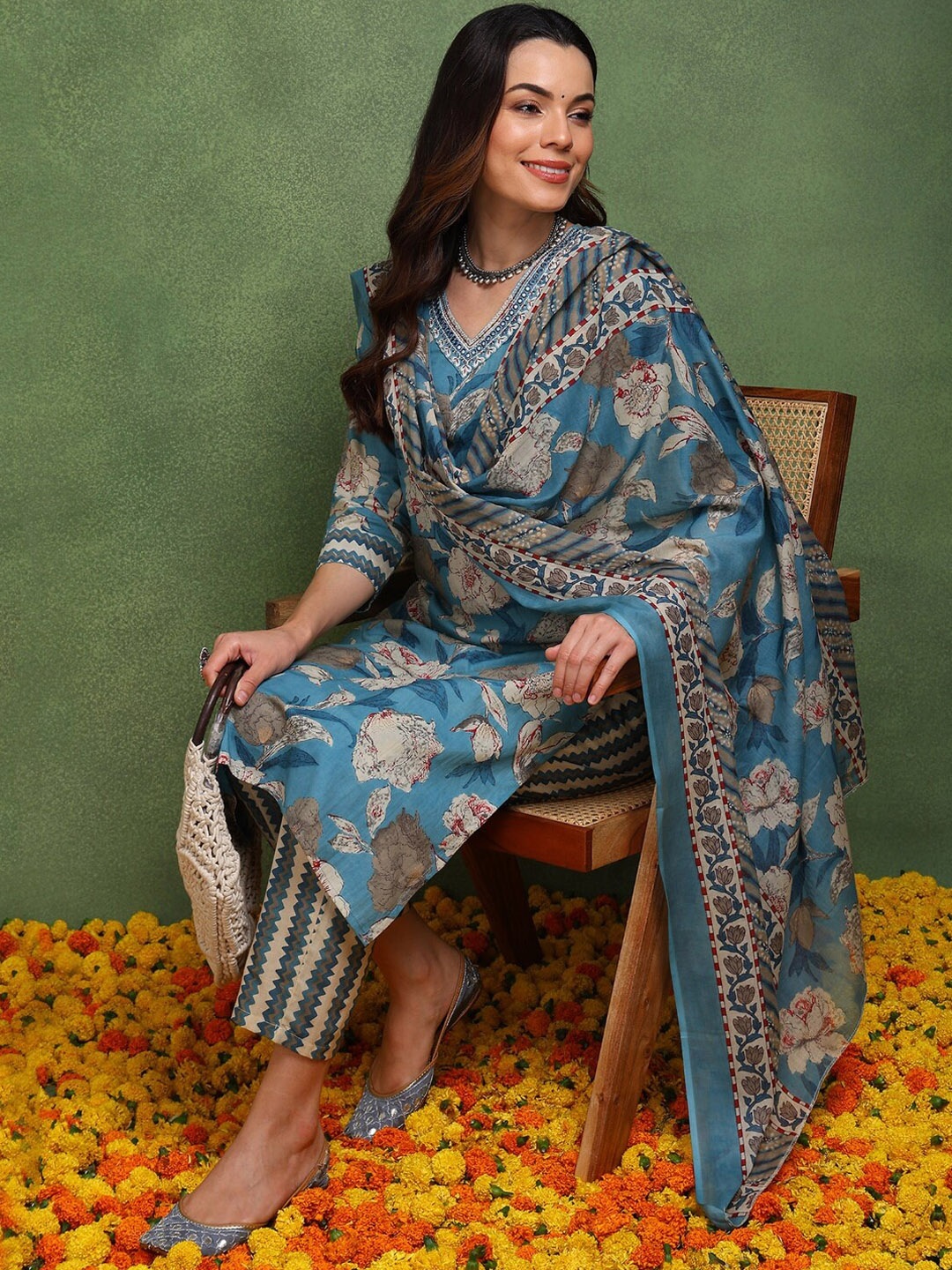 

AHIKA Floral Printed Thread Work Pure Cotton Straight Kurta With Trousers &Dupatta, Blue