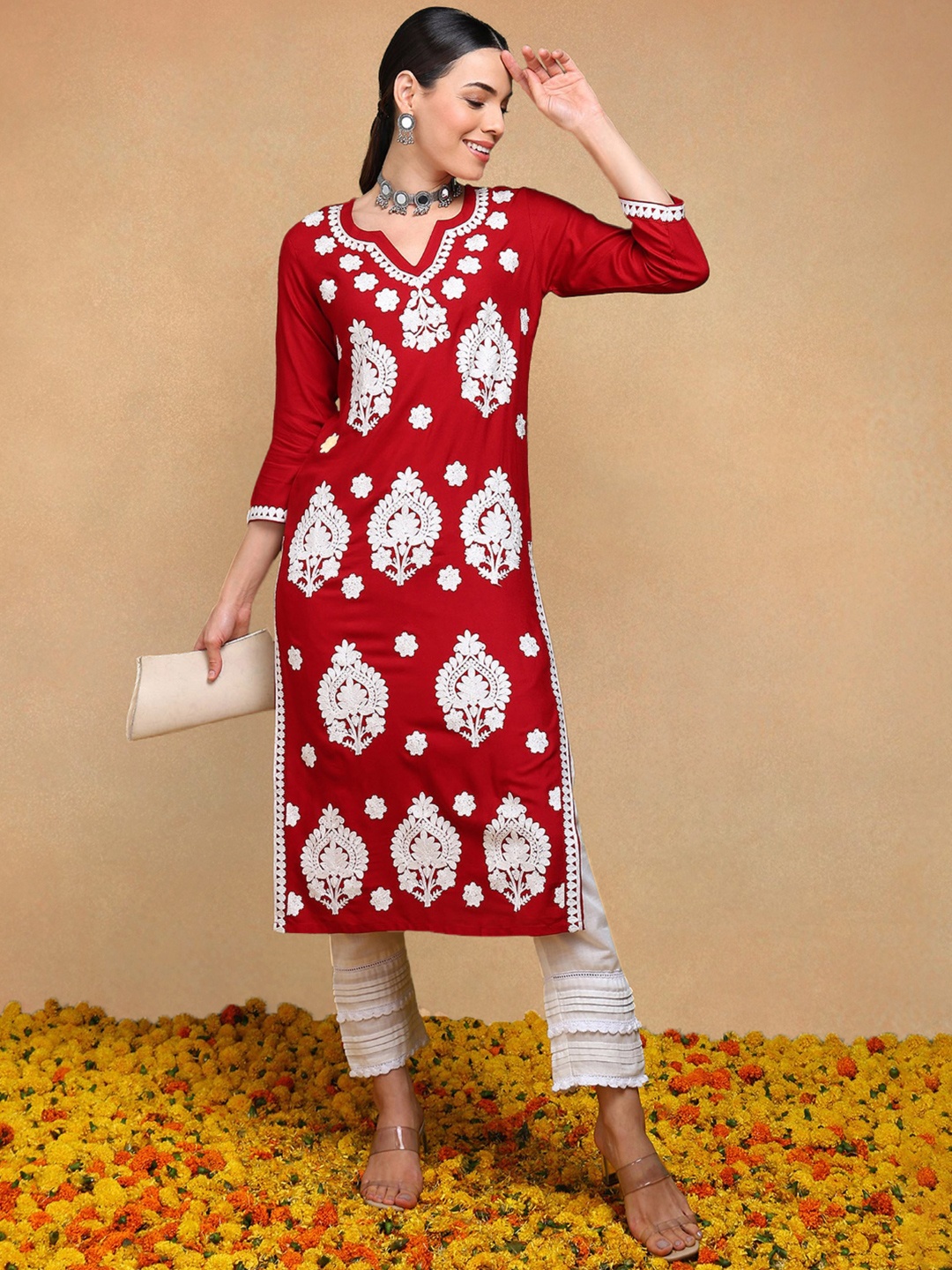 

AHIKA Floral Embroidered Notched Neck Straight Chikankari Kurta, Maroon