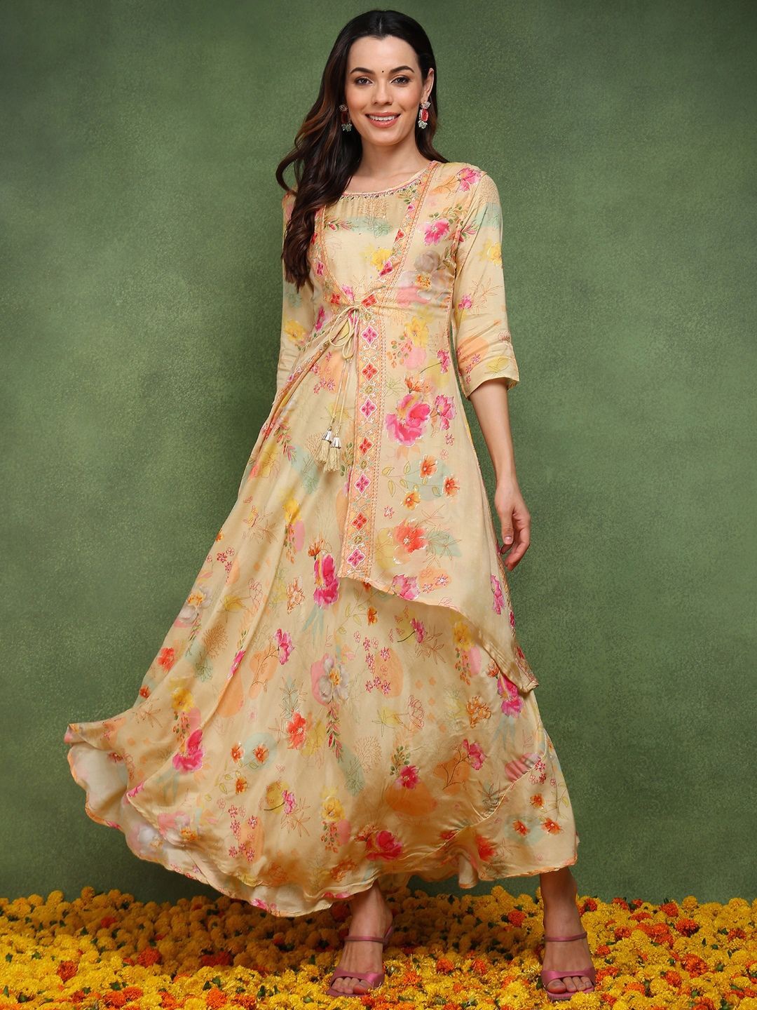 

AHIKA Floral Printed Round Neck Embroidered Ethnic Maxi Dress with Longline Shrug, Cream