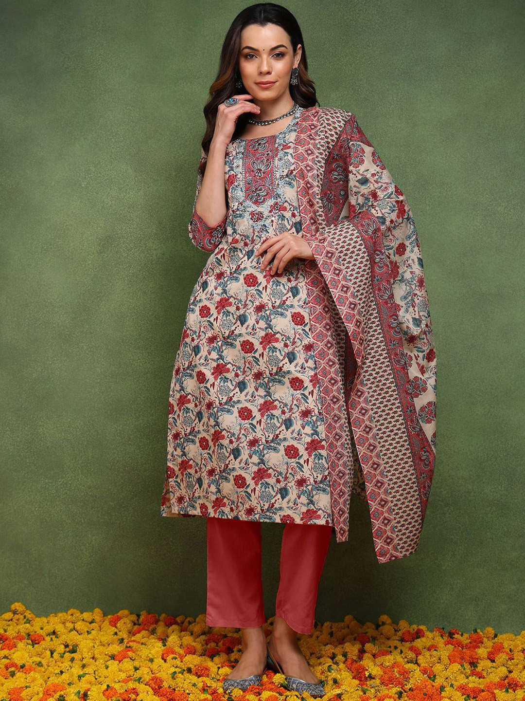 

AHIKA Floral Embroidered Zari Pure Cotton Straight Kurta With Trousers & Dupatta, Beige