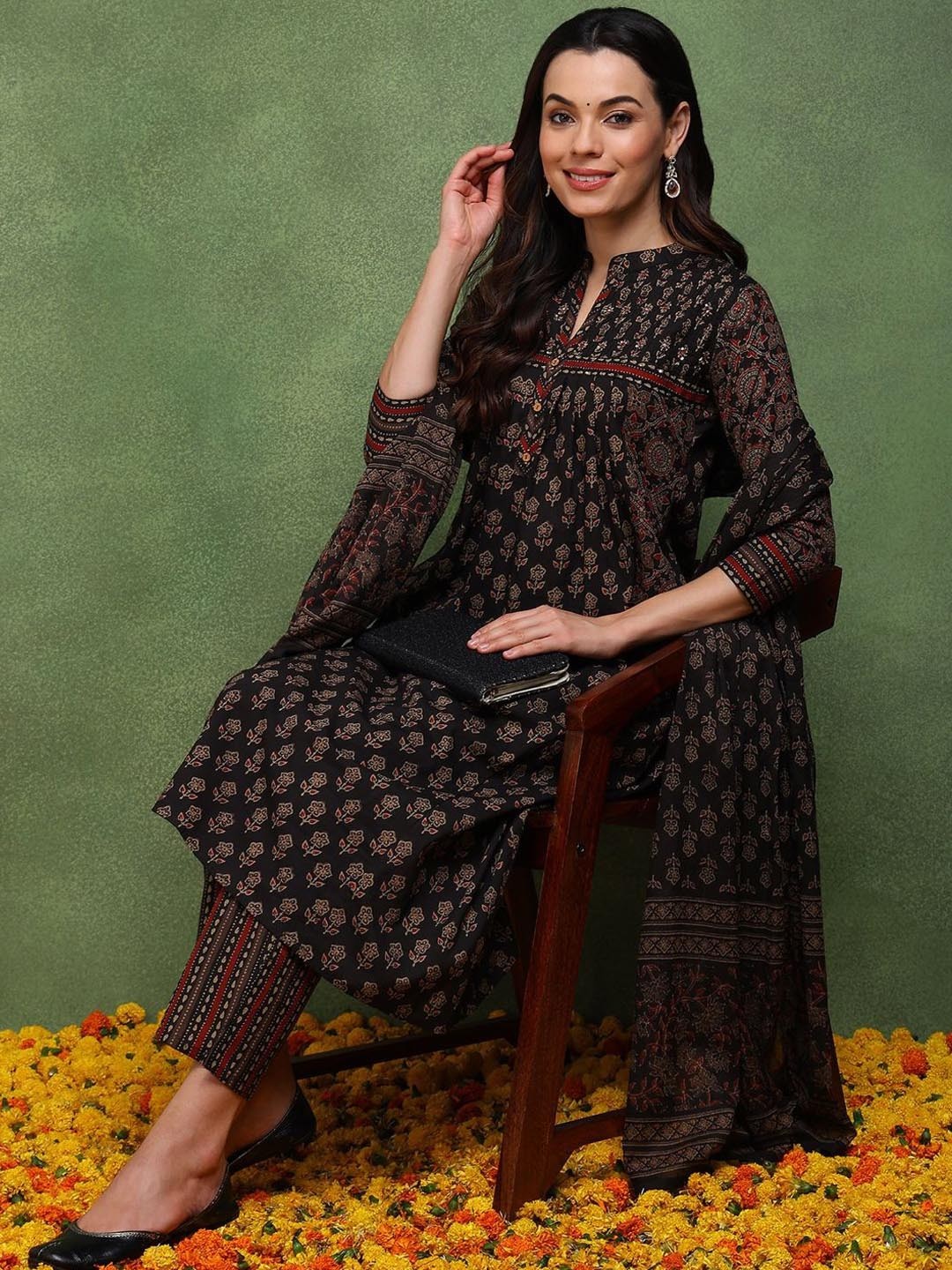 

AHIKA Ethnic Motifs Printed Cotton Mandarin Collar A-Line Kurta With Trousers & Dupatta, Brown