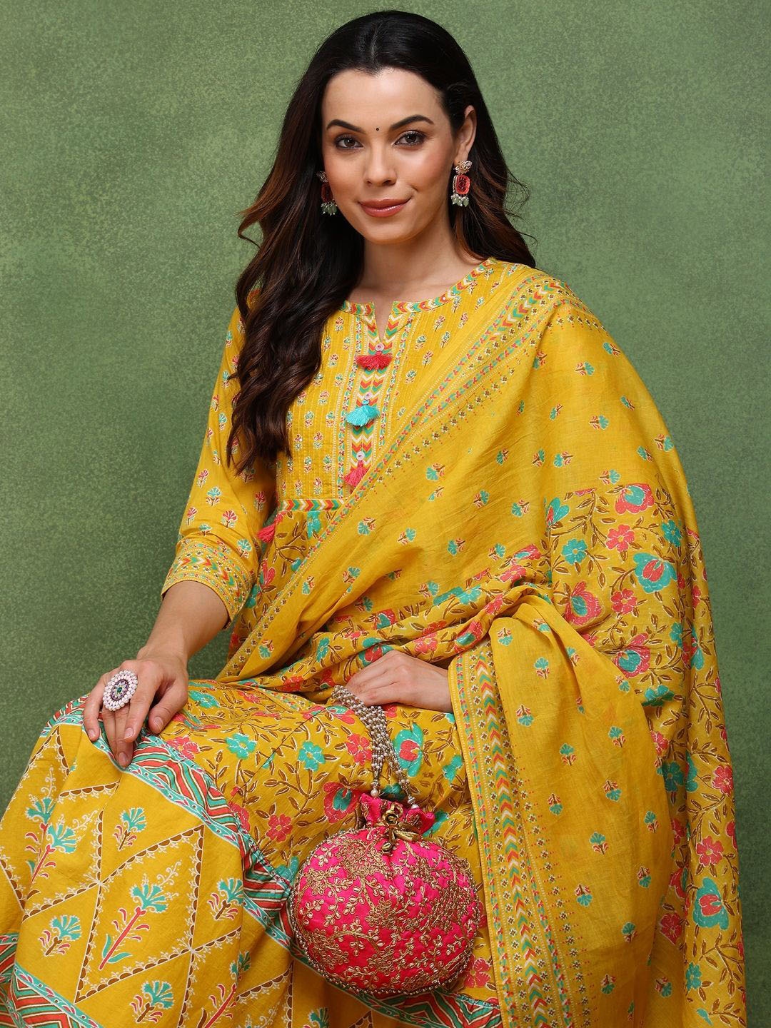 

AHIKA Yellow Floral Printed Notch Neck Pure Cotton Anarkali Kurta with Trousers & Dupatta