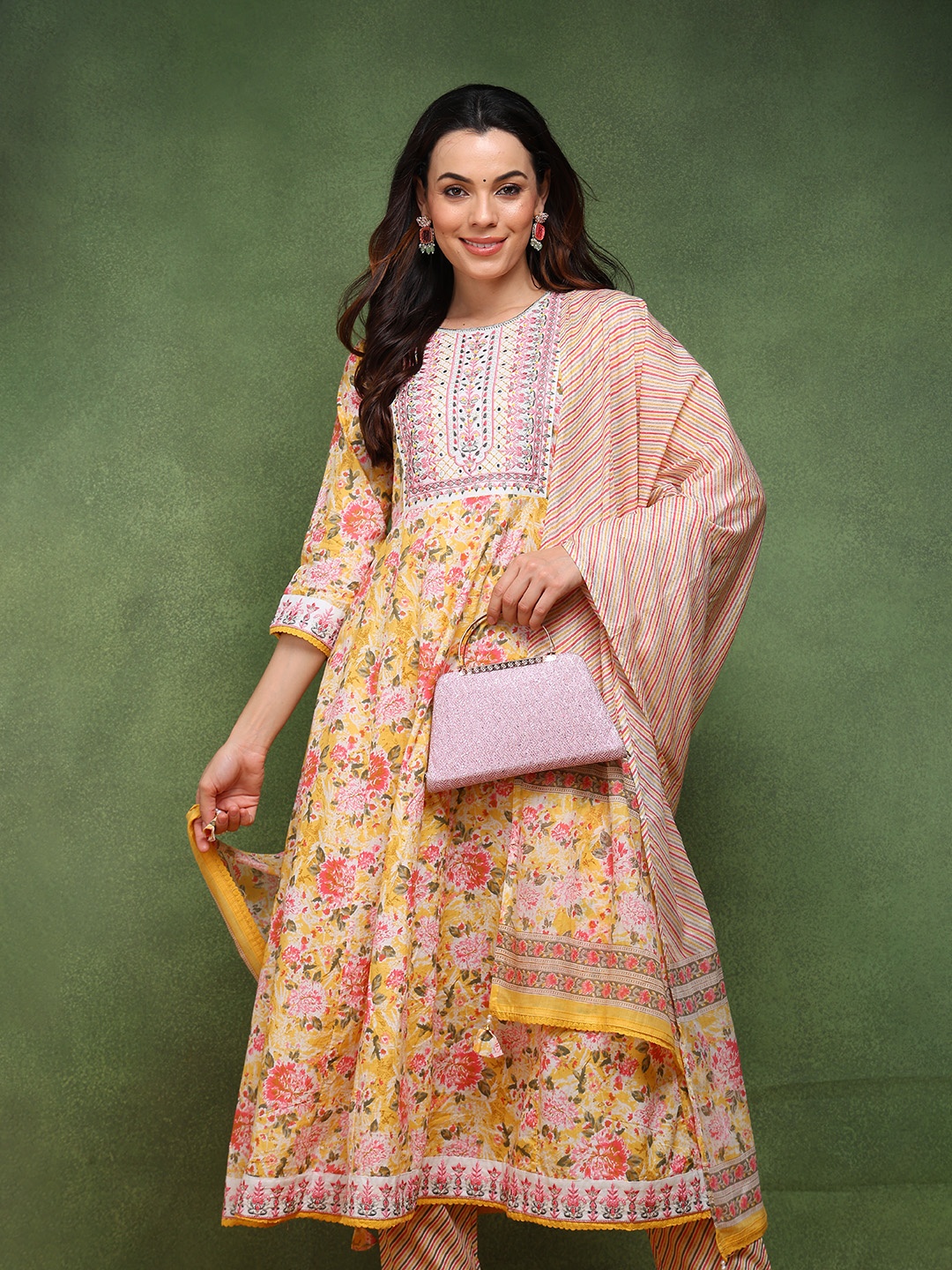 

AHIKA Yellow & PInk Floral Printed Round Neck Thread Work Pure Cotton Anarkali Kurta Set
