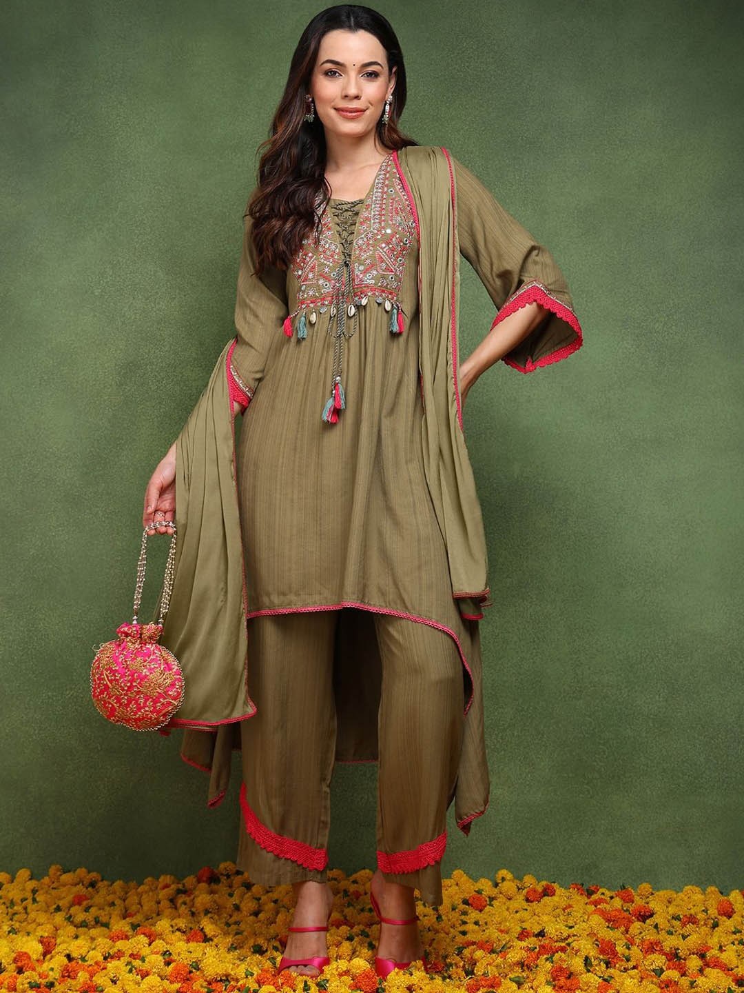 

AHIKA Floral Embroidered Mirror Work Pure Cotton A-Line Kurta With Palazzos & Dupatta, Olive