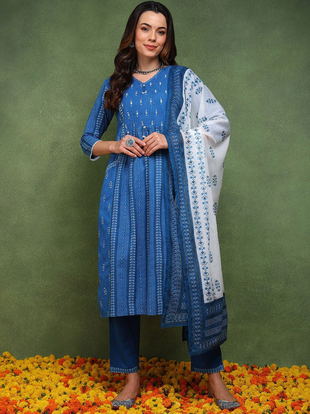 

AHIKA Ethnic Motifs Printed Pleated Pure Cotton Straight Kurta With Trousers & Dupatta, Blue