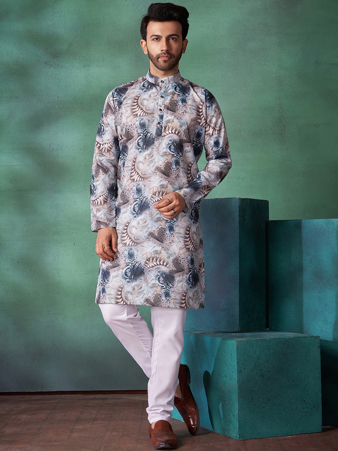 

Fashion FRICKS Ethnic Motifs Printed Mandarin Collar Cotton Straight Kurta, Blue