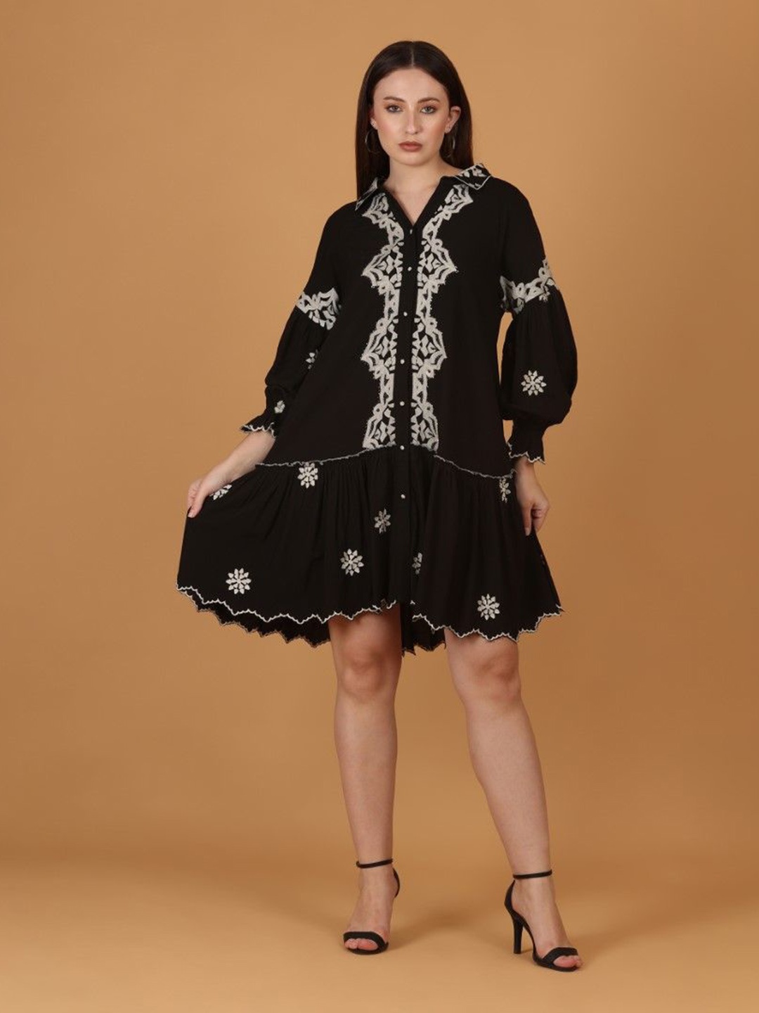 

Nyaro Self Design Shirt Collar Drop-Waist Mini Dress, Black