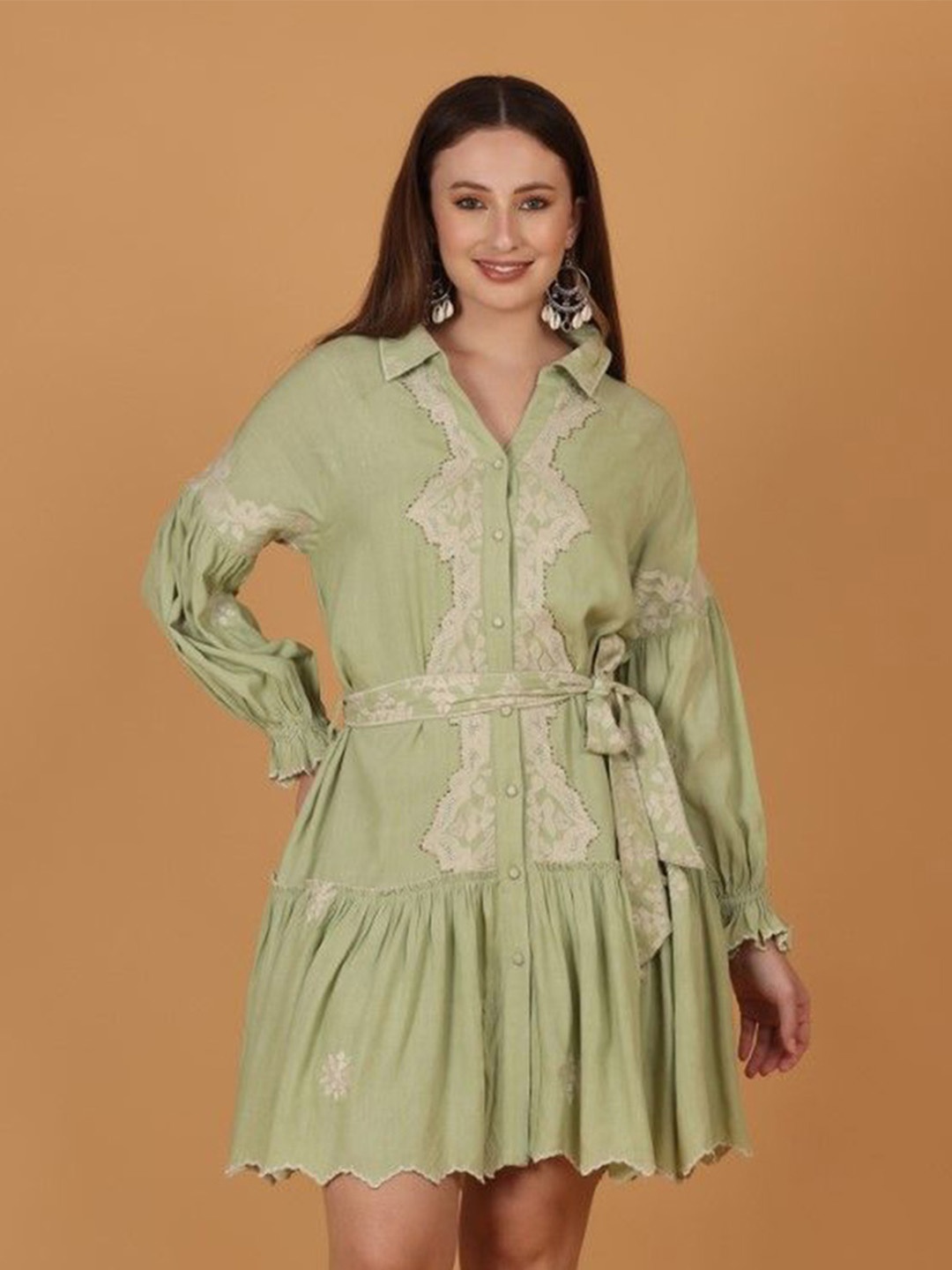

Nyaro Embellished Shirt Cuffed Sleeves Dress, Green
