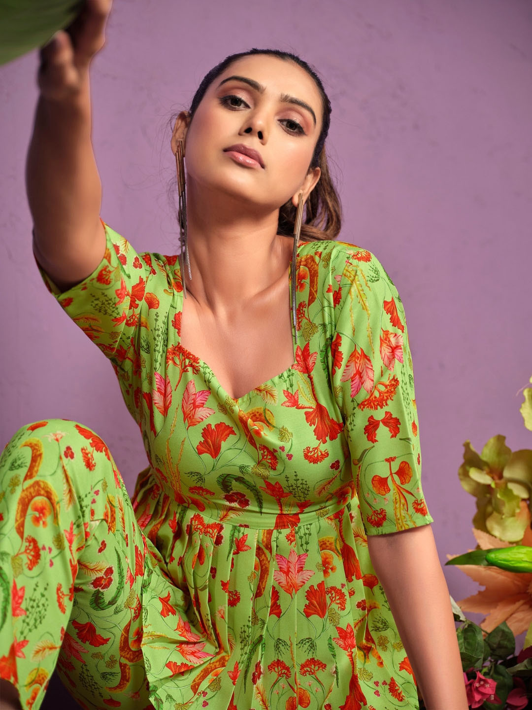 

Sangria Floral Printed Top With Trouser Co-Ords, Green