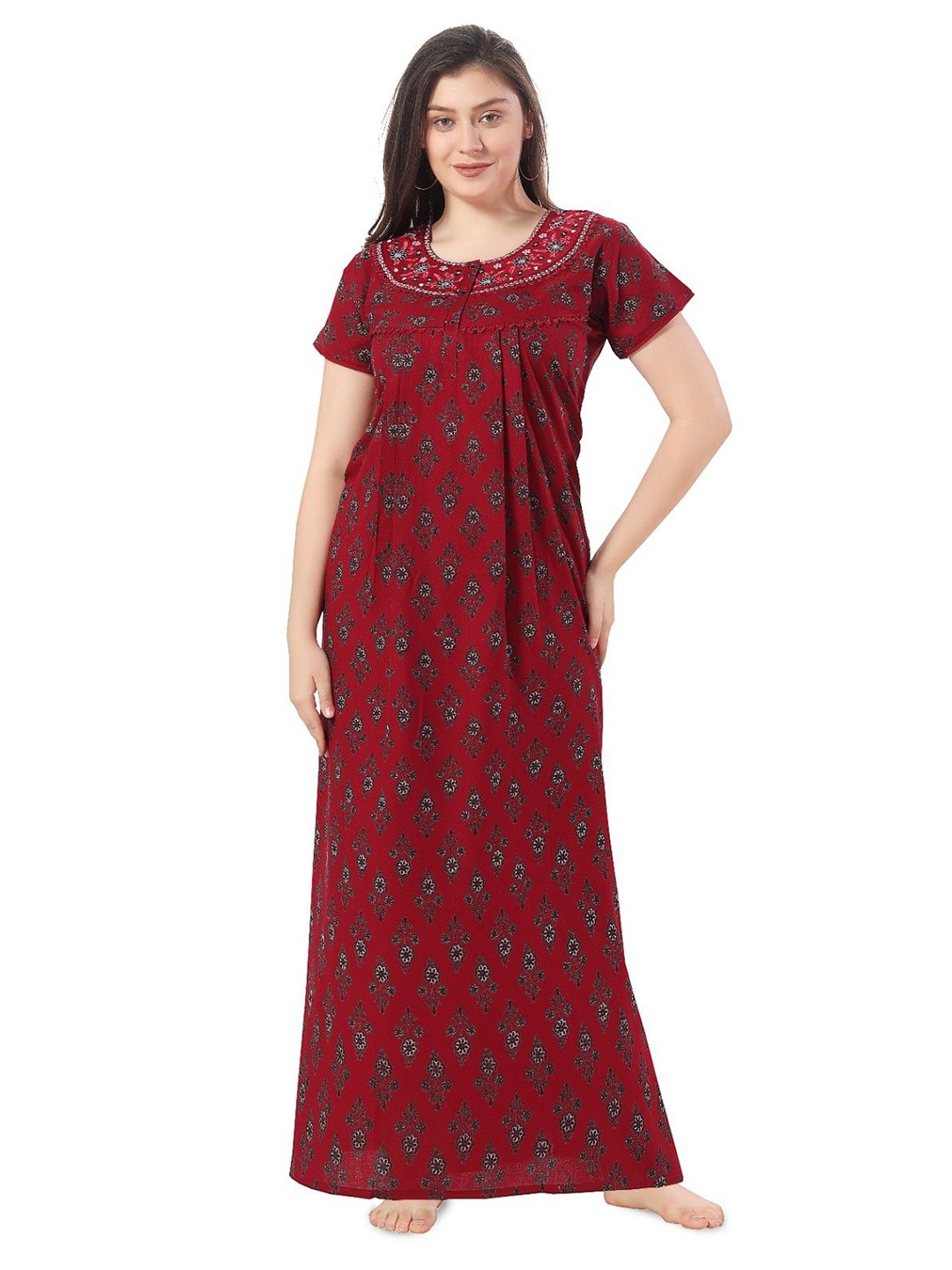 

Soulemo Floral Printed Pure Cotton Maxi Nightdress, Maroon