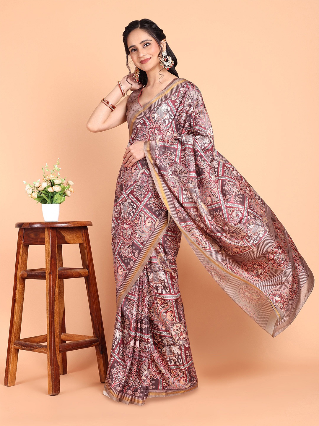 

KAZIA Ethnic Motifs Zari Silk Blend Ready to Wear Saree, Brown