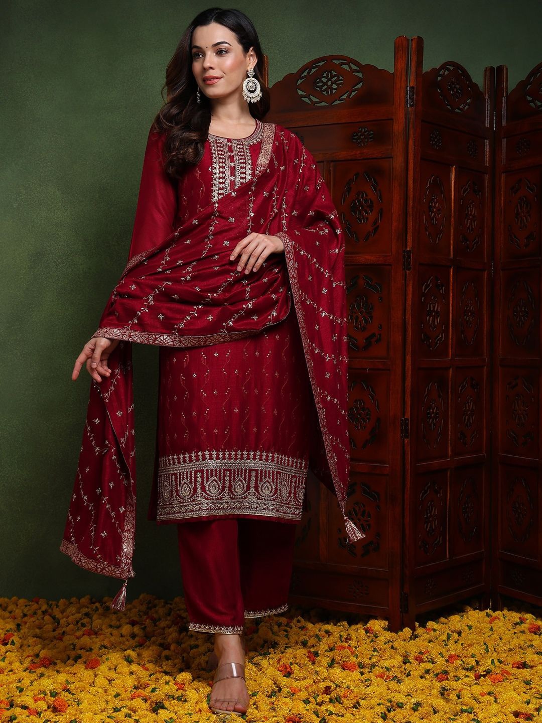 

AHIKA Maroon Ethnic Motifs Embroidered Round Neck Straight Kurta with Trousers & Dupatta