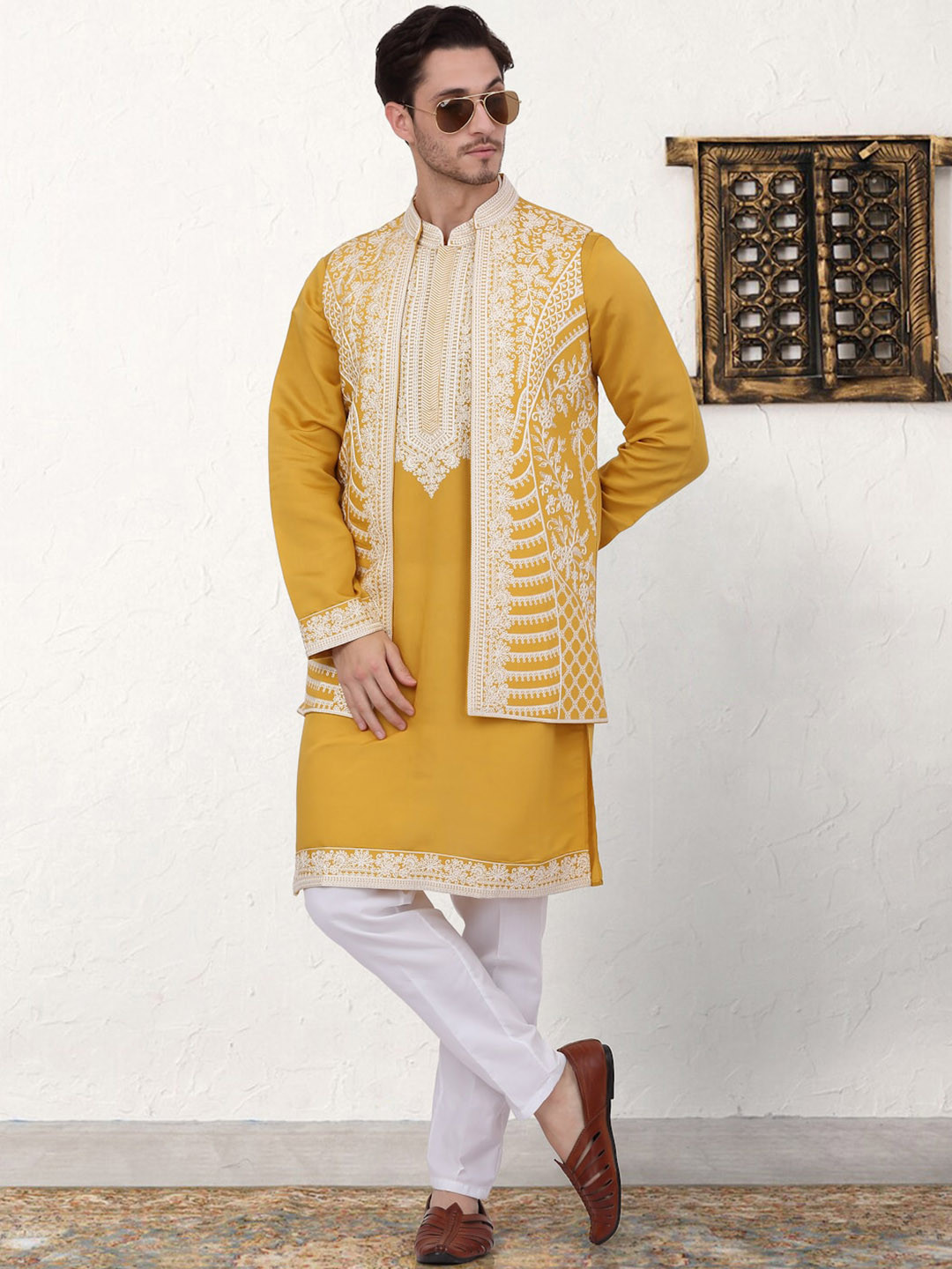 

Jompers Embroidered Mandarin Collar Straight Chikankari Kurta With Pyjamas & Waistcoat, Mustard