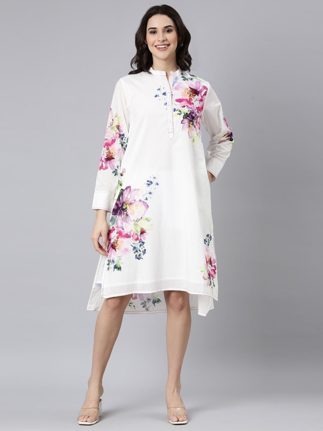 

Zolo Label Floral Printed Mandarin Collar Cuffed Sleeves Cotton A-Line Dress, White