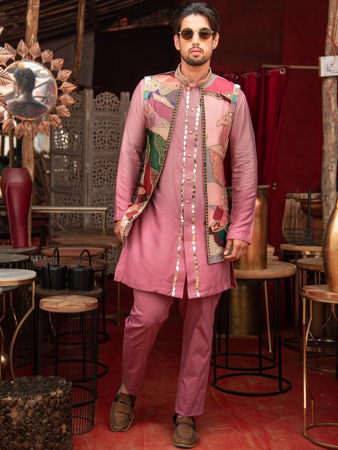 

Soniya g Abstract Printed Band Collar Beads & Stones Straight Kurta With Trousers & Jacket, Purple