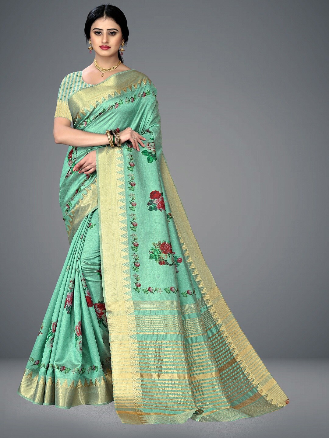 

THE WOMEN DECOR Floral Zari Pure Cotton Maheshwari Saree, Teal