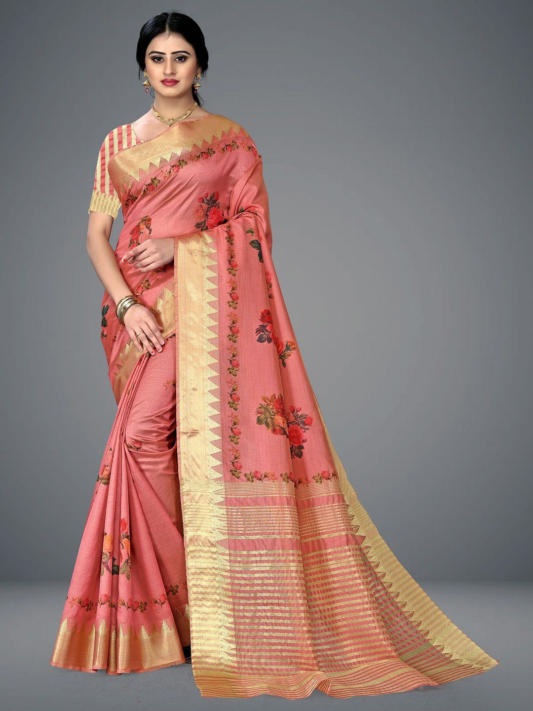 

THE WOMEN DECOR Ethnic Motifs Zari Pure Cotton Maheshwari Saree, Pink