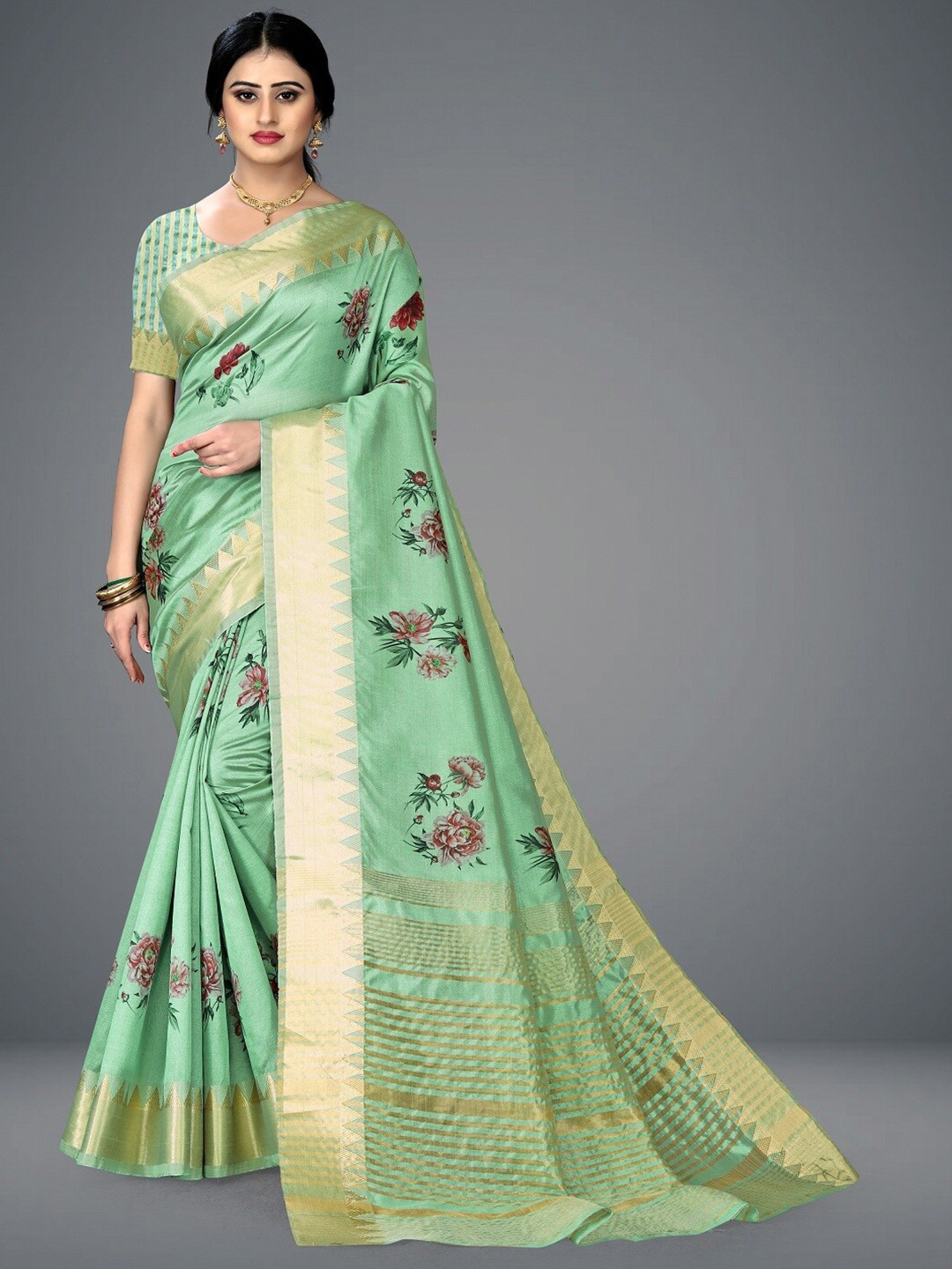 

THE WOMEN DECOR Floral Zari Pure Cotton Saree, Green