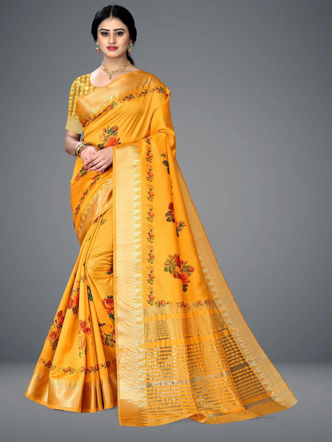 

THE WOMEN DECOR Ethnic Motifs Zari Pure Cotton Maheshwari Saree, Yellow
